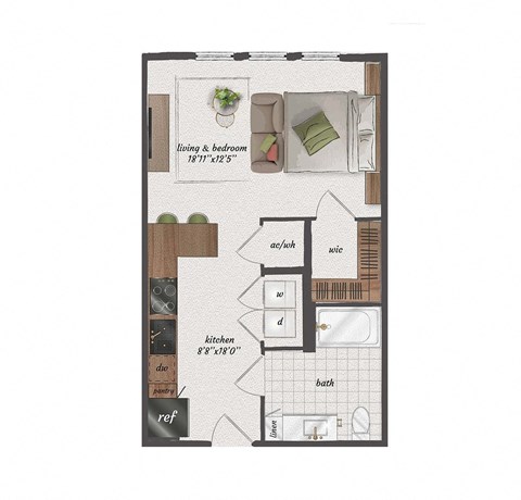 Floor plan for studio, 1 bath, 565 sqft